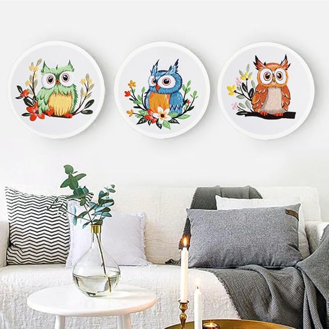 Konrisa Owl Embroidery Kit for Beginners Adult, Embroidery Starter Kit with Cloth Hoops Threads DIY Sewing for Craft Lover Hand Stitch Needlepoint Kits