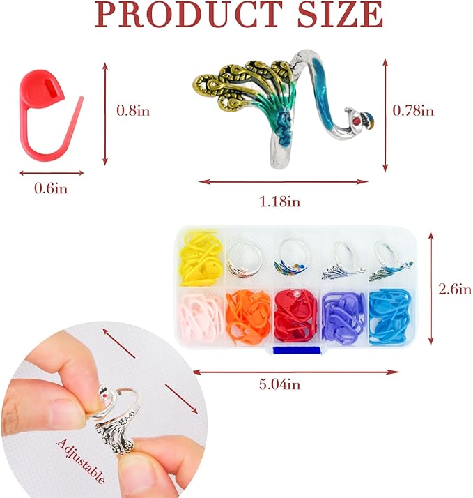 LBU 4Pcs Crochet Ring + 60Pcs Stitch Markers Adjustable Crochet Tension Rings for Finger Yarn Tension Guide Rings Crocheting Knitting Accessories with Box Gifts for Crocheters Knitters(Peacock)