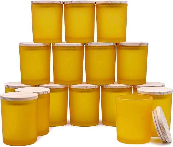 Thick Candle Jars for Making Candles 16 Pcs, 7 OZ Empty Jars with Wood Lids for Candle Making, Sample Container, Frosted Yellow
