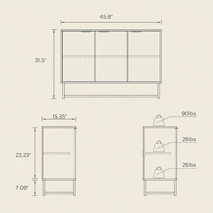 Fluted Storage Cabinet with 3 Doors, Sideboard Buffet Cabinets with Adjustable Shelves, Multifunctional Console Table with Storage Credenza for Living Room, Hallway, Black