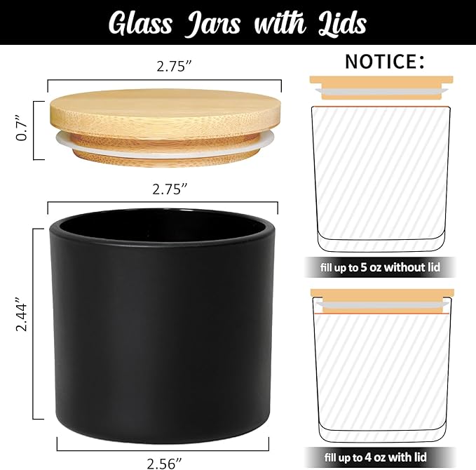 4oz Jars for Making Candles - 12 Pack Small Matte Black Empty Glass With Bamboo Lids, Stickers and Labels, Bulk Containers, Ideal for Business Owners
