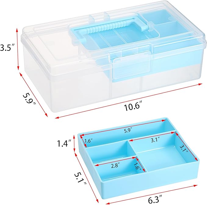 JUXYES 2 Pack Plastic Carry Storage Box with Removable Dividers, Clear Art Craft Supply Storage Bin Sewing Box with Handle Lid, 2 Layers Stationery Storage Case for School/Office Supplies Light Blue