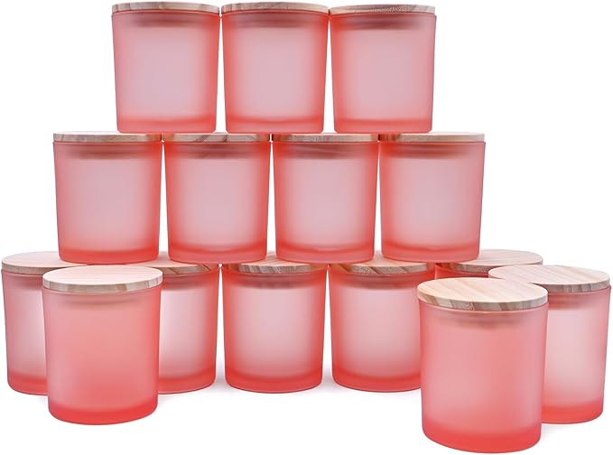 8 OZ Thick Candle Jars for Making Candles 15 Pcs, Empty Jars with Wood Lids for Candle Making, Sample Container, Frosted Pink