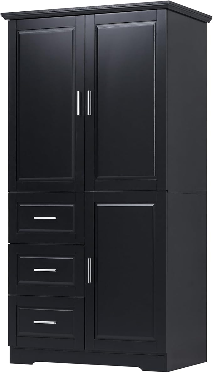 Large Storage Cabinet with 3 Doors and 3 Drawers, Freestanding Cabinet with Adjustable Shelves, Large Modern Versatile Cupboard for Home Office Livingroom (Black)