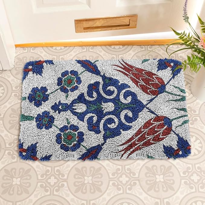 Latch Hook Kits for Kids DIY Rug Crochet Yarn Kits for Adults Tapestry Kits Home Decor Kits with Flower Printed Canvas Carpet Needlework Doormat Creative Gift Home Decoration 20 X 15 Inch (Flower)