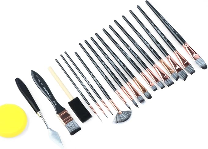 Transon Art Paint Brush Kit 16 Paint Brushes with Foam Brush Sponge Spatula and Art Case for Oil, Acrylic, Watercolor, Gouache, Painting Black Color