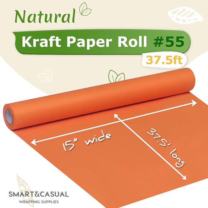 SMART&CASUAL 15" x 450" (37.5') Kraft Paper Roll for Art Craft Supplies Gift Wrapping Moving Packing Kids Painting Drawing Paint Easel Poster Chart Paper (OrangeRed, 15" W x 450" L (37.5'))