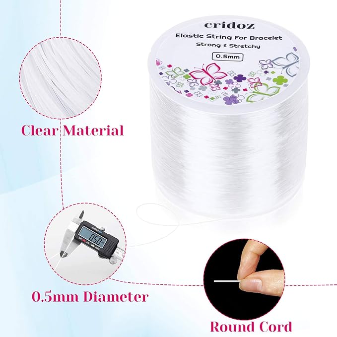 Stretchy String for Bracelets, Cridoz 0.5mm Clear Elastic String Stretch Cord Bracelet String with 2 Pcs Beading Needles for Seed Beads, Pony Beads, Bracelets and Jewelry Making