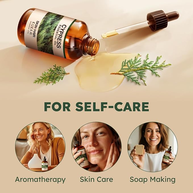 KUKKA Cypress Essential Oils - 4 Fl Oz - for Hair, Skin, Diffuser, Aromatherapy & DIY Soap Making Scent