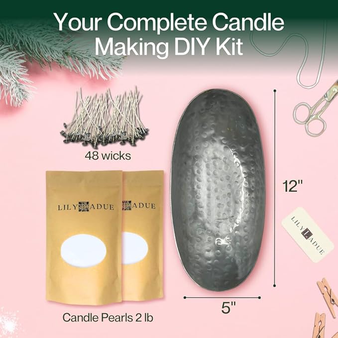 LILY LADUE 2lb/32OZ Pearled Candles Sand and Wicks with Silver Bowl - White Unscented Plant-Based Pearl Sand Wax with 48 Wicks, Gift-Ready DIY Candle Making Kit with Reusable Powder Wax Beads