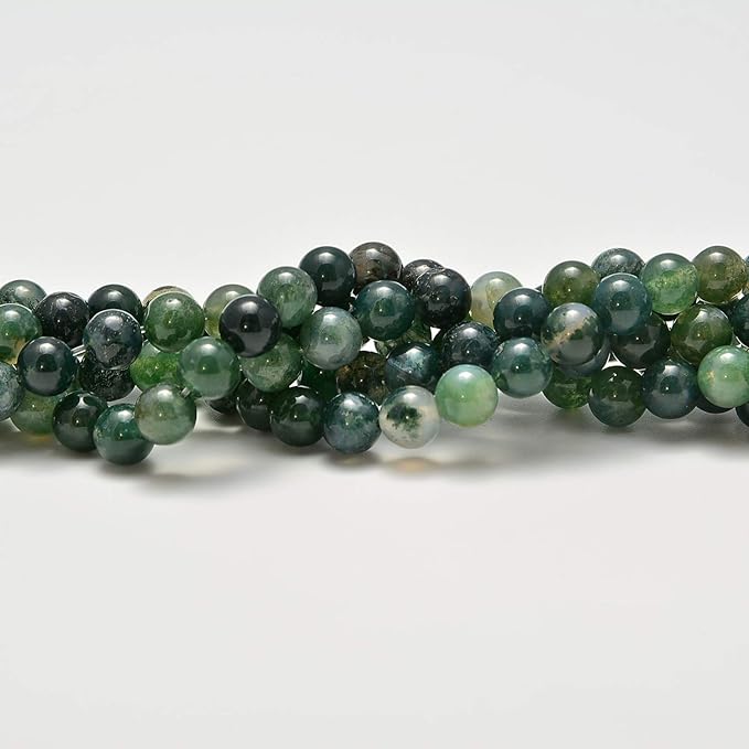 NCB 200PCS 8mm Natural Green Moss Agate Gemstone Round Spacer Loose Beads for Jewelry Making with Crystal Stretch Cord (Green Moss Agate, 8mm 200Beads)