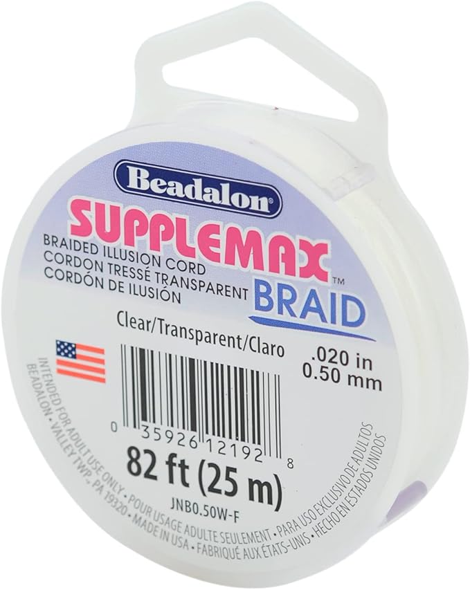 Beadalon SuppleMax Braid Illusion Beading Cord, 0.50 mm / 0.020 in, Clear Braided Monofilament, 25 m / 82 ft