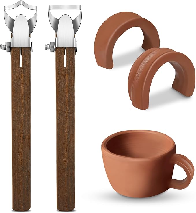 Therwen 2 Pcs Sculpture Scraper Pottery Carving Tool Pottery Cup Handle Shape Clay Extruder Tool Teacup Mug Handgrip Clay Cutters with Wooden Handle for Ceramic Sculpture Craft(Simple Style)