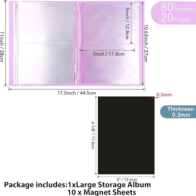 10 Pcs 0.3mm Magnet Sheets and 80 pockets/20 pages Storage Album for Stamp and Cutting Dies Storage Book Organizer Folder for Storage Die Cutting, DIY Scrapbooking Card Making Supplies (Purple)