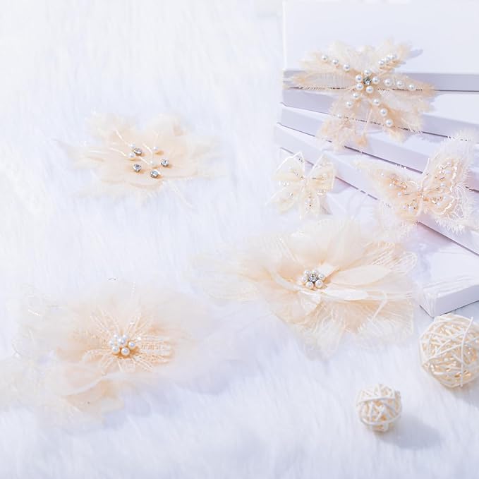 6 Pieces 3D Flower Lace Embroidery Butterflies Appliques Pearl Patches for Repairing and Decorating, Sewing Craft Clothing Jeans Jackets Bags (Beige)