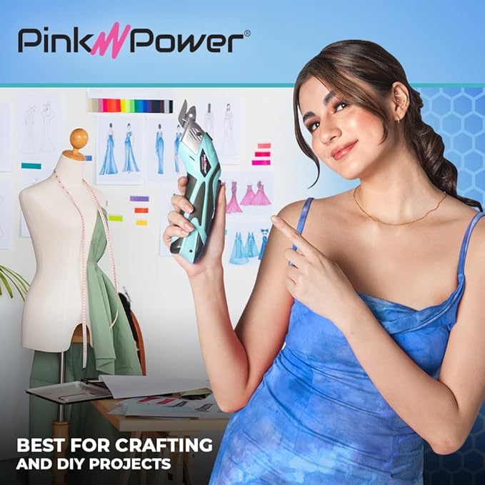 Pink Power Electric Fabric Scissors for Crafts, Sewing, Cardboard, Carpet & Scrapbooking - Heavy Duty Cutting Tool, Automatic Cordless Electric Scissors Fabric Cutter & Rotary Cutter Set (Aqua Splash)