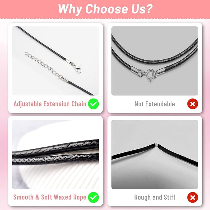 Necklace Cord, Paxcoo 50Pcs Necklace String Rope with Clasp, 24 Inch Waxed Cotton Cord Necklace Bulk for Charms Pendants, Bracelets, Necklaces, Jewelry Making Supplies and Beading Supplies