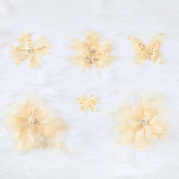 6 Pieces 3D Flower Lace Embroidery Butterflies Appliques Pearl Patches for Repairing and Decorating, Sewing Craft Clothing Jeans Jackets Bags (Beige)