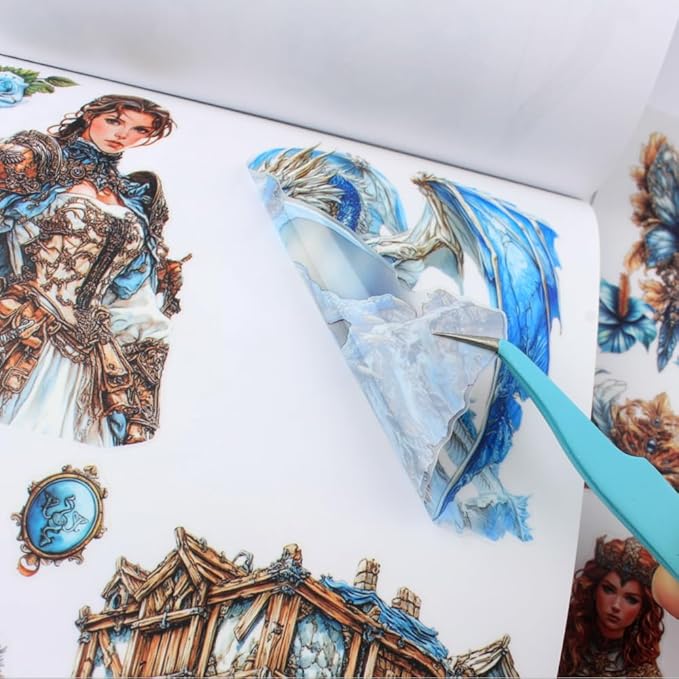 Dwpetzo Scrapbooking Sticker Book, 20 Sheets Pe-Cut PET, Washi Tape, and Craft Paper Stickers for Junk Journal Supplies, Journal Stickers for Journaling, Planner, Bujo, Collage (Sword and Shield)