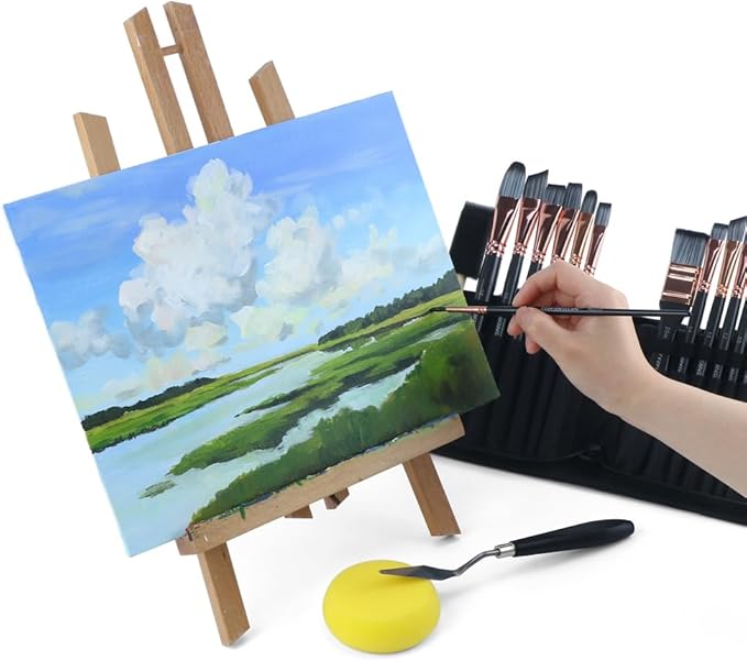 Transon Art Paint Brush Kit 16 Paint Brushes with Foam Brush Sponge Spatula and Art Case for Oil, Acrylic, Watercolor, Gouache, Painting Black Color