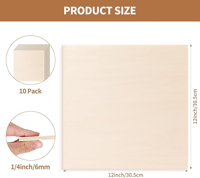 10 Pack-12x12'' Basswood Sheets 1/4 for Crafts Inch 6mm Unfinished Basswood Sheets.Plywood Sheets Used for DIY Projects, Laser Engraving, Wood Burning, Staining, Model Making & More