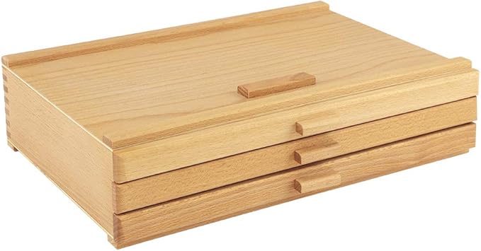 Creative Mark Pastel Storage Box, 3 Drawer Wood Box with Foam Lining, Sturdy and Stackable Art and Craft Supplies Storage Box for Artist Tools, Pens, Pencils and More, Natural Finish