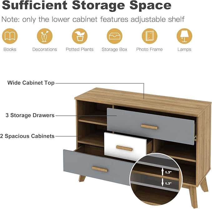 Giantex Free-Standing Floor Storage Cabinet with 2 Doors, 3 Drawers, Adjustable Shelf, Multifunctional Accent Dresser for Living Room, Entryway, 47 Inch Kitchen Sideboard