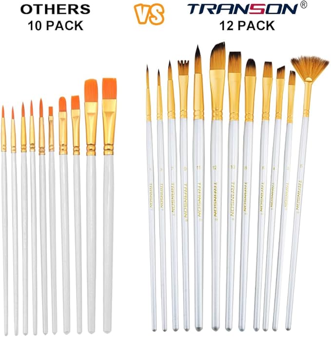 Transon Art Painting Brush Assorted Set of 12 for Acrylic Watercolor Gouache Hobby Painting White