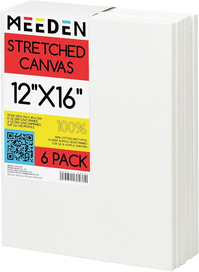 MEEDEN Stretched Canvas, 12 × 16 Inch, Pack of 6, Blank White Canvases for Painting, 100% Cotton, 13 oz Gesso-Primed, Pre-Stretched Canvas for Acrylic Oil Pouring & Airbrushing Painting