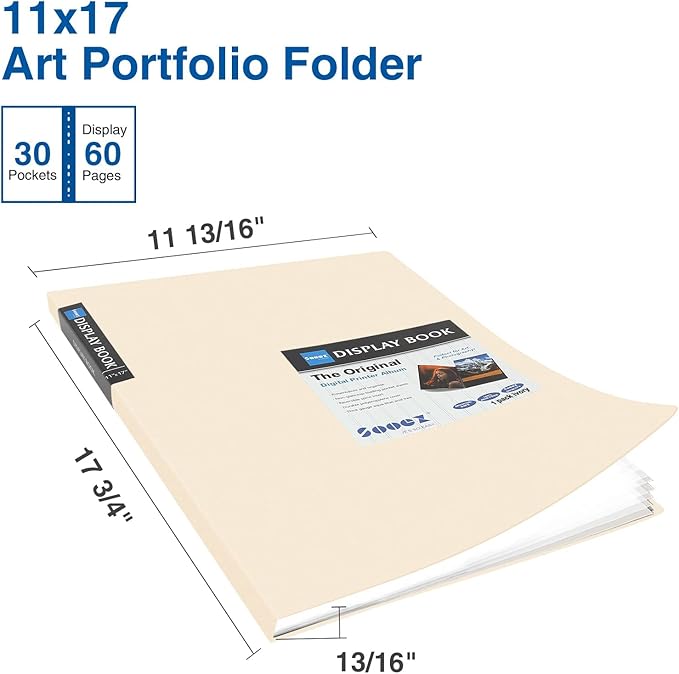 Sooez Art Portfolios 11"x17", Large Portfolio Folder with 30 Pockets & Black Inner Sheets, Display 60 Pages, 11 x 17 Presentation Book for Artwork Storage, Binder with Plastic Sleeves for Artist