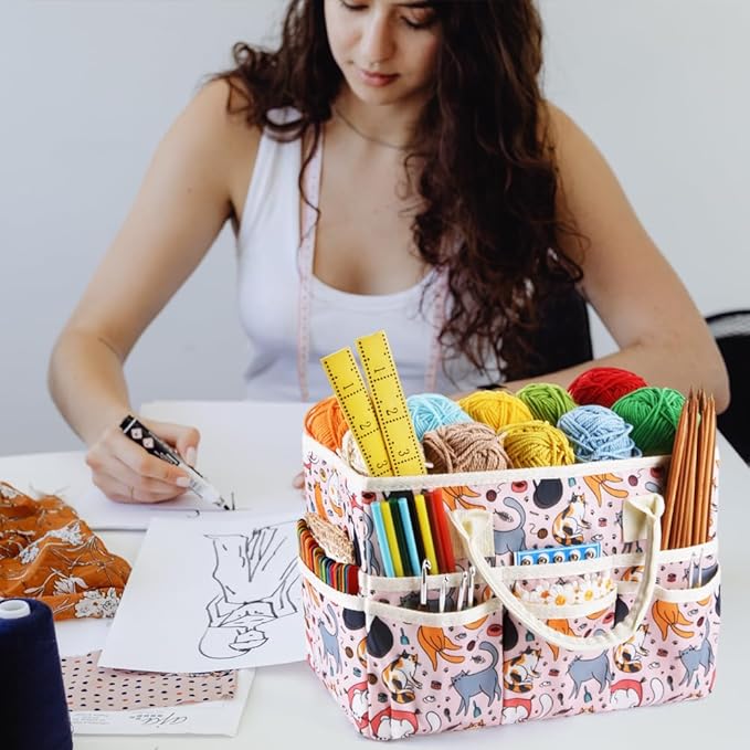 E-WEICHEN Craft Organizer Tote Bag Art Storage Caddy with Multiple Pockets Containers for Art,Craft,and Office Supplies Storage.Pink Cat