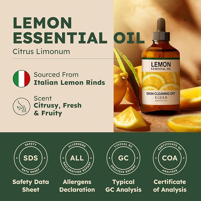 KUKKA Lemon Essential Oils - 4 Fl Oz - for Hair, Skin, Diffuser, Aromatherapy & DIY Soap Making Scent