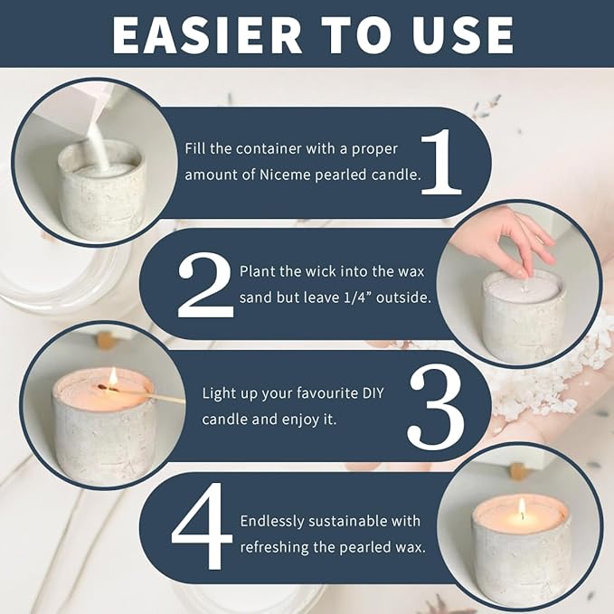 NICEME Customized Powder Candle Making Kit, 11Lb/ 5kg Refillable Beaded Wax Sand All Natural Reusable DIY Pearled Candle Self Extinguish w/ 200 Wicks & 200 Stickers & 2 Centering Devices