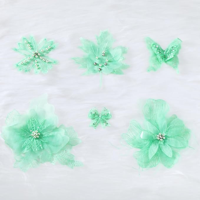 6 Pieces 3D Flower Lace Embroidery Butterflies Appliques Pearl Patches for Repairing and Decorating, Sewing Craft Clothing Jeans Jackets Bags (Green)