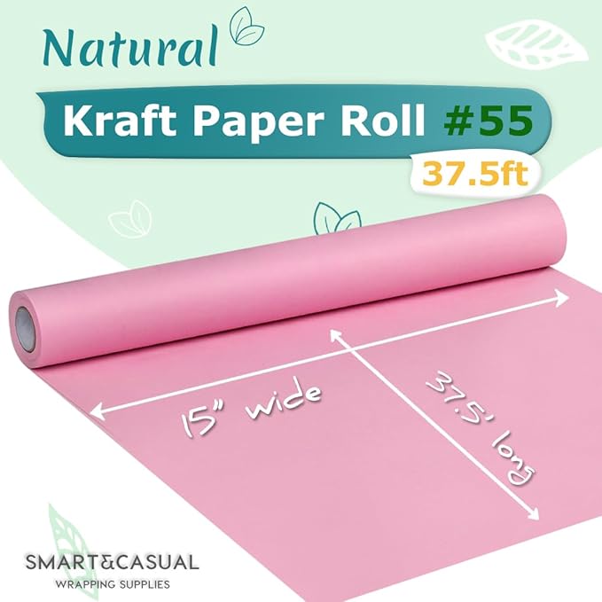 SMART&CASUAL 15" x 450" (37.5') Kraft Paper Roll for Art Craft Supplies Gift Wrapping Moving Packing Kids Painting Drawing Paint Easel Poster Chart Paper (Light Pink, 15" W x 450" L (37.5'))