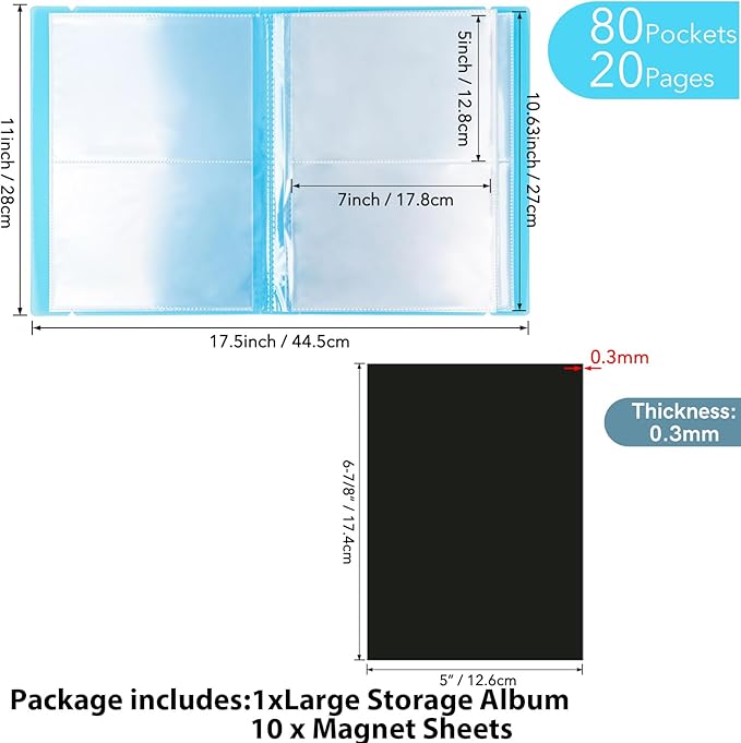 10 Pcs 0.3mm Magnet Sheets and 80 pockets/20 pages Storage Album for Stamp and Cutting Dies Storage Book Organizer Folder for Storage Die Cutting, DIY Scrapbooking Card Making Supplies (Blue)