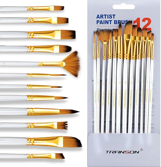 Transon Art Painting Brush Assorted Set of 12 for Acrylic Watercolor Gouache Hobby Painting White
