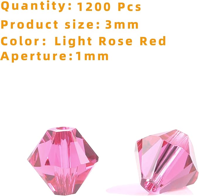1200PCS 3mm Bicone Crystal Glass Beads for Jewelry Making, Sparkling Mini Beads for Suncatchers, DIY Bracelets & Craft Projects (Light Rose Red)