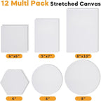 CONDA Stretched Canvas for Painting, 12 Packs Multi Size with 8" Round, 10" Round, 6" Square, 3" Hexagon, 5×7", 8×10" Primed Blank Canvas (2 of Each), 100% Cotton Artist Canvas for Acrylics Oils Paint