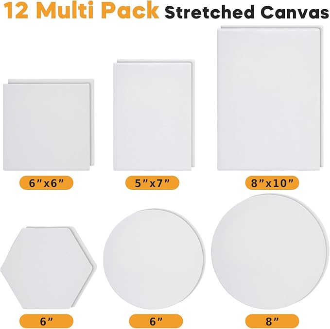 CONDA Stretched Canvas for Painting, 12 Packs Multi Size with 8" Round, 10" Round, 6" Square, 3" Hexagon, 5×7", 8×10" Primed Blank Canvas (2 of Each), 100% Cotton Artist Canvas for Acrylics Oils Paint