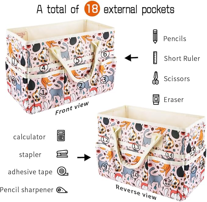 E-WEICHEN Craft Organizer Tote Bag Art Storage Caddy with Multiple Pockets Containers for Art,Craft,and Office Supplies Storage.Pink Cat