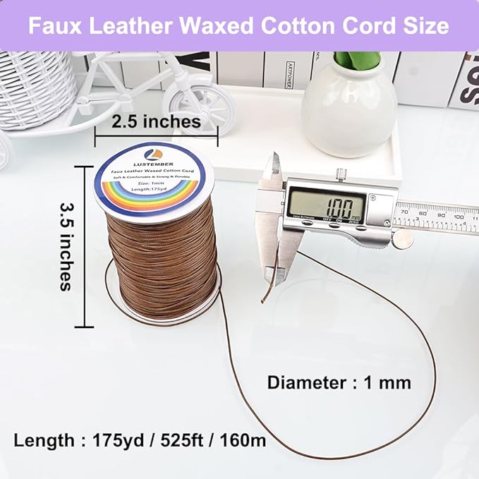 1mm Faux Leather Waxed Cotton Cord, 175 Yards – Durable Necklace String, Soft and Textured Cord for Necklaces, Bracelets, and Jewelry Making