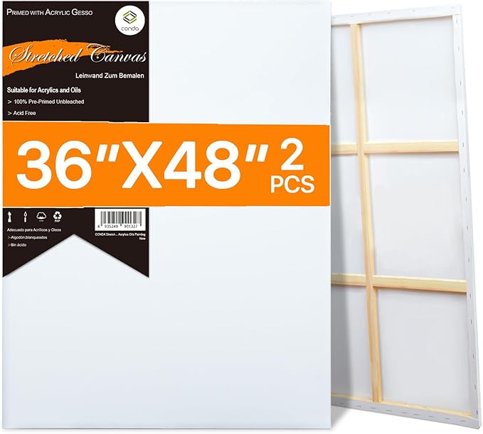 CONDA Large Canvas for Painting 36x48 Inch 2-Pack, Big Stretched Canvas 100% Cotton, Primed Acid-Free, Artist Canvas for Acrylics Oils Pouring Painting