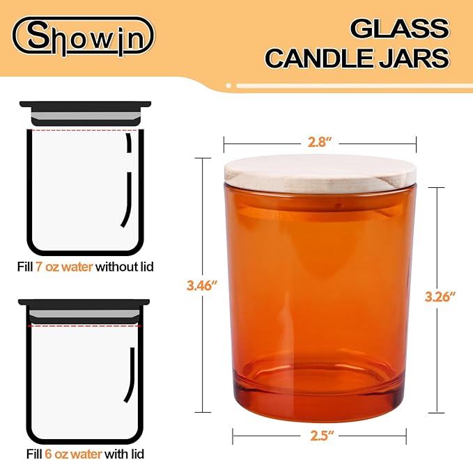 SHOWIN Thick Candle Jars for Making Candles 12 Pcs, 7 OZ Empty Jars with Wood Lids for Candle Making, Sample Container, Clear Orange