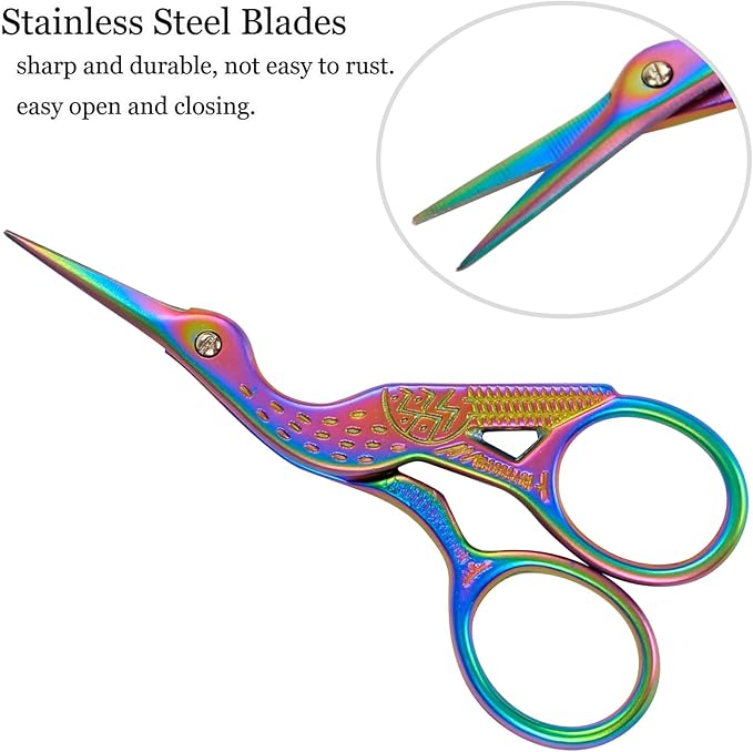 BIHRTC Rainbow Embroidery Small Precision Stainless Steel Scissors with Leather Cover DIY Tools Shears for Crochet Sewing Crafting Art Work Threading Needlework Knitting