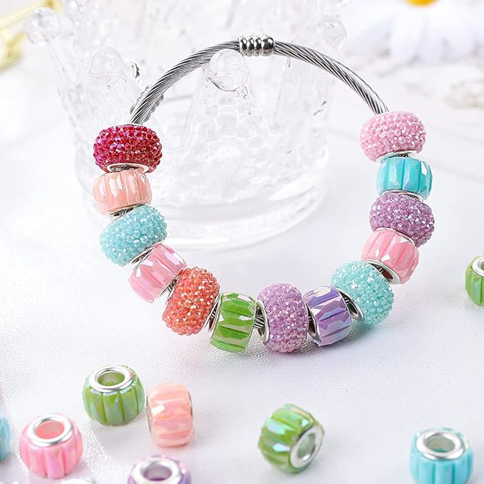 100 Pieces 14mm European Large Hole Spacer Beads Mix Color with Silver Brass Cores Assortments Charm Lampwork Beads Supplies for Necklace Bracelets Jewelry Making (Opaque Baguette Diamonds)