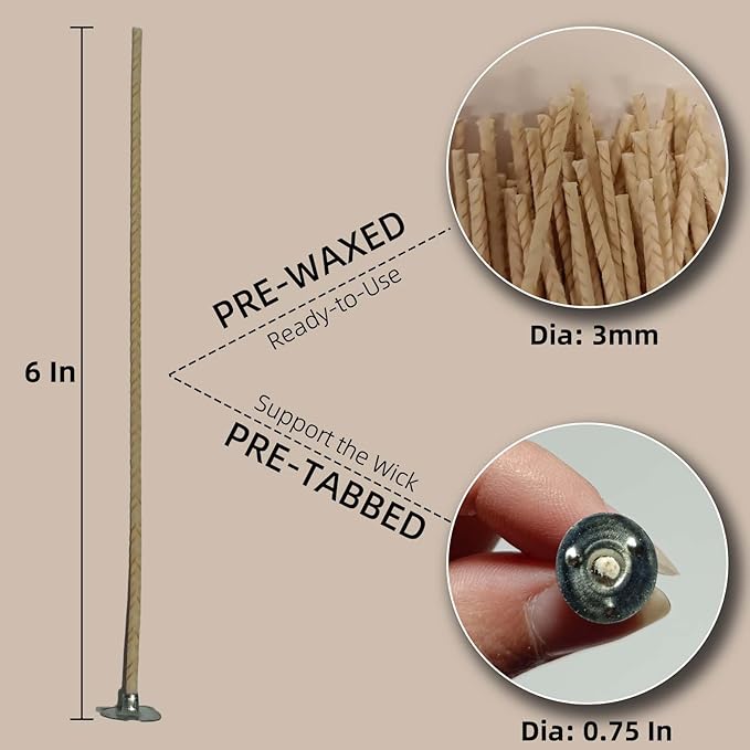 Niceme 100pcs ECO Wicks for Soy Beeswax Pearled Candles, 6” Pre-Waxed Candle Wick for Candle Making No Soot Steady Clean Burning Thick Candle Wick with Base