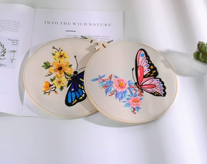Konrisa Embroidery Starter Kits with Butterfly Flower Pattern, Stamped Cross Stitch Kits for Beginners Adults DIY Sewing Include Embroidery Hoop Embroidery Fabric Threads and Needles,Set of 2