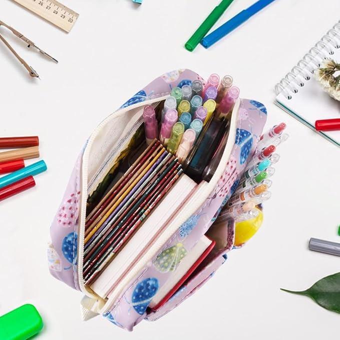 E-WEICHEN Multiple Pockets Portfolio Organizer with Zippered, Makeup Bag Travel Essentials for Women, Simple Waterproof Stationery Pencil Pouch Bag for Journal Office Art Supplies.Purple Moth