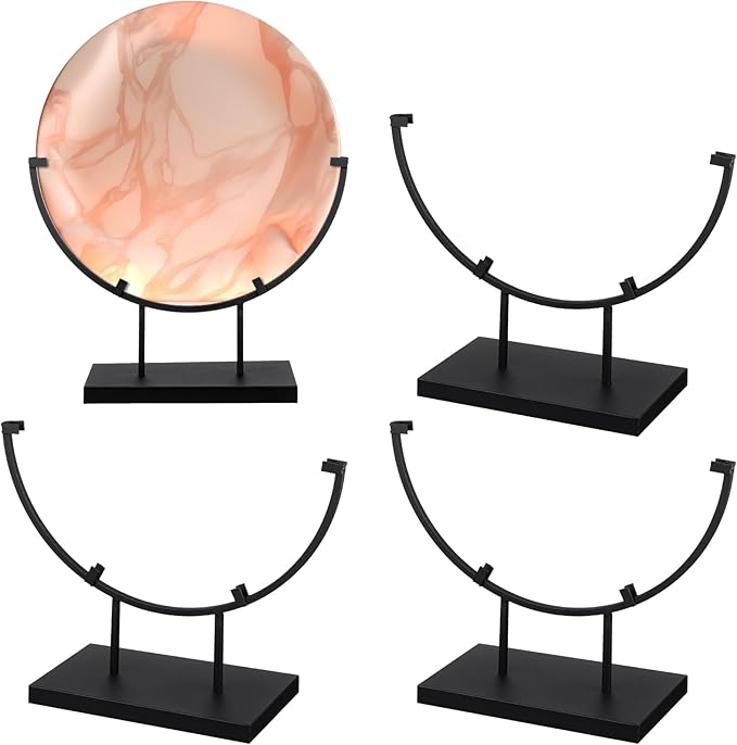 Blulu 4 PCS 8 Inch Round Metal Display Stands for Stained Glass Fused Glass Display Stands Decorative Art Base for Plate Picture Platter Photo(Black)
